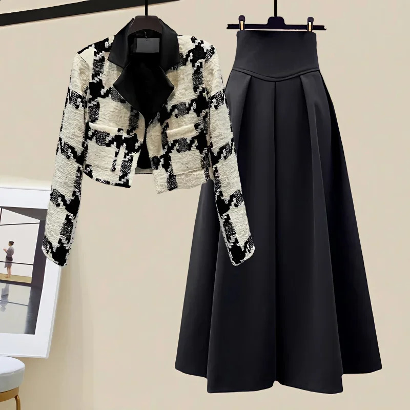 AutumnWinter High Quality Patch Work Jacket Coat Womens Black Half Sleeve Two Piece Dress Set 240828