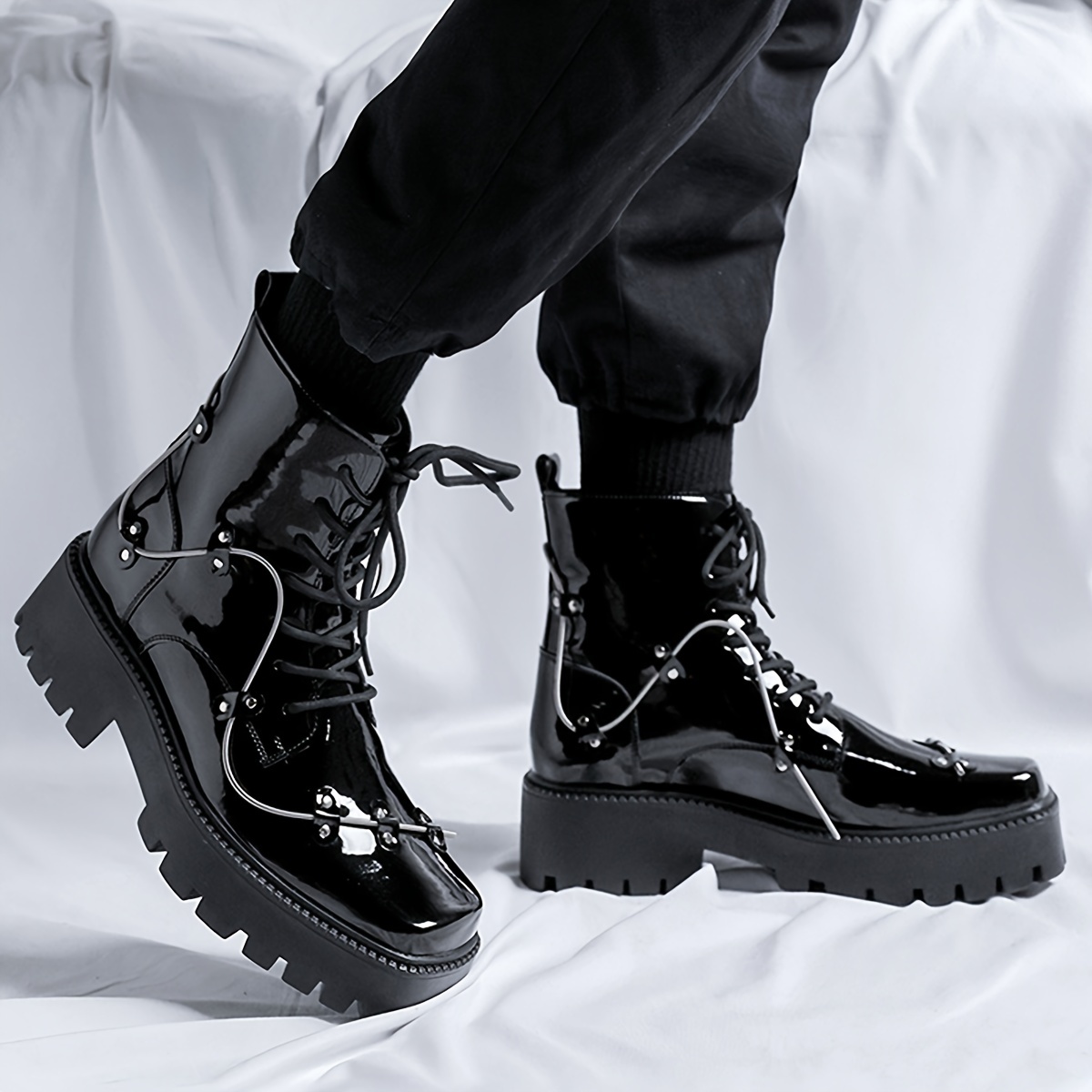 Fashion Shiny Square Toe Platform Boots Leather Boots Martin Boots - Lace Up Casual Walking Shoes - Super Comfortable and Easy to Clean