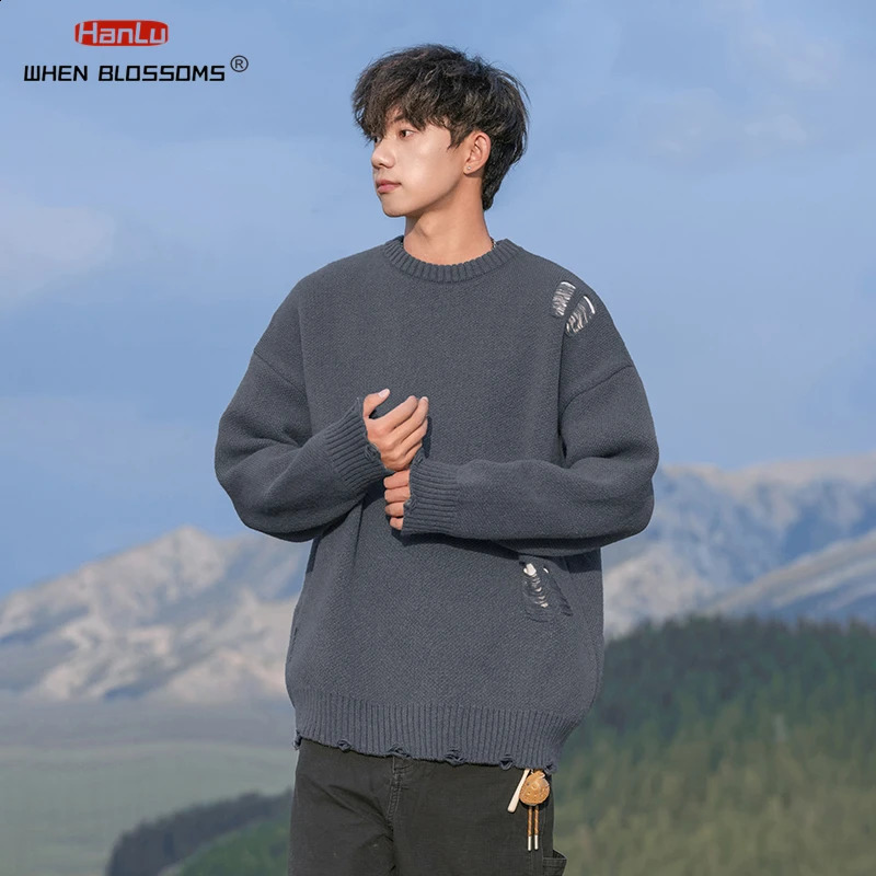 Retro Loose Hole Piercing n Sweater Solid Knitted Jumper Mens Harajuku Hip Hop Super Large Pulling Black Sweater 240829
