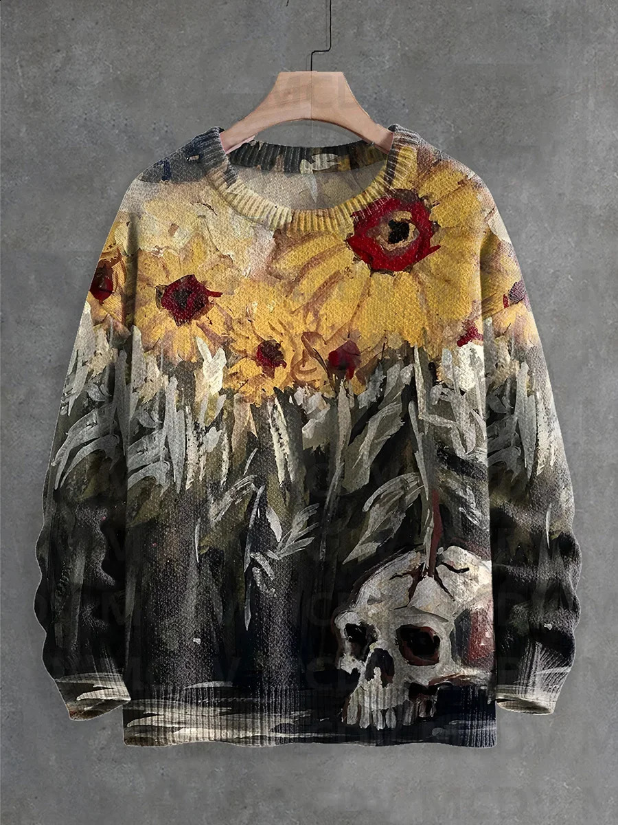 Interesting Skeleton Sunflower Art Halloween Printed Knitted Pullover Sweater for Women and Men 240829