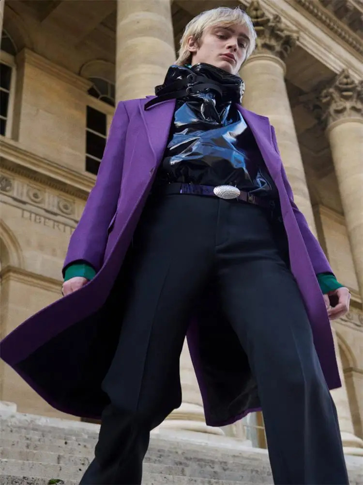 Mens double-sided medium length cashmere coat winter fashion trend purple charm retro casual wool loose windshield 240828