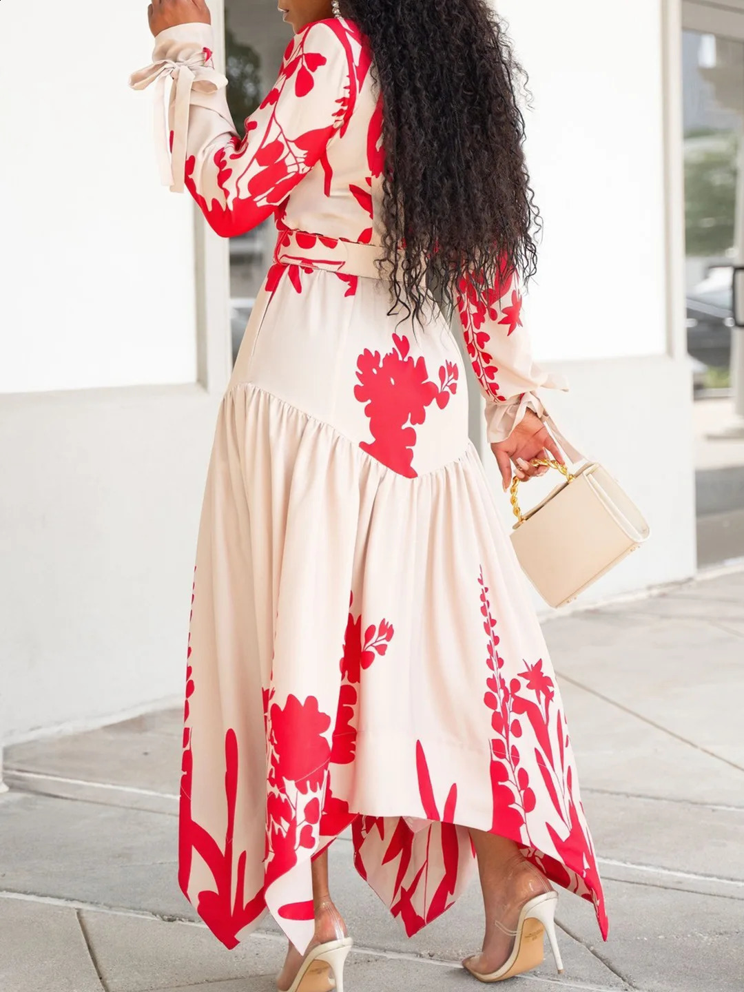 Long sleeved printed collar irregular loose long style with ALine fashionable and warm womens skirt 240828