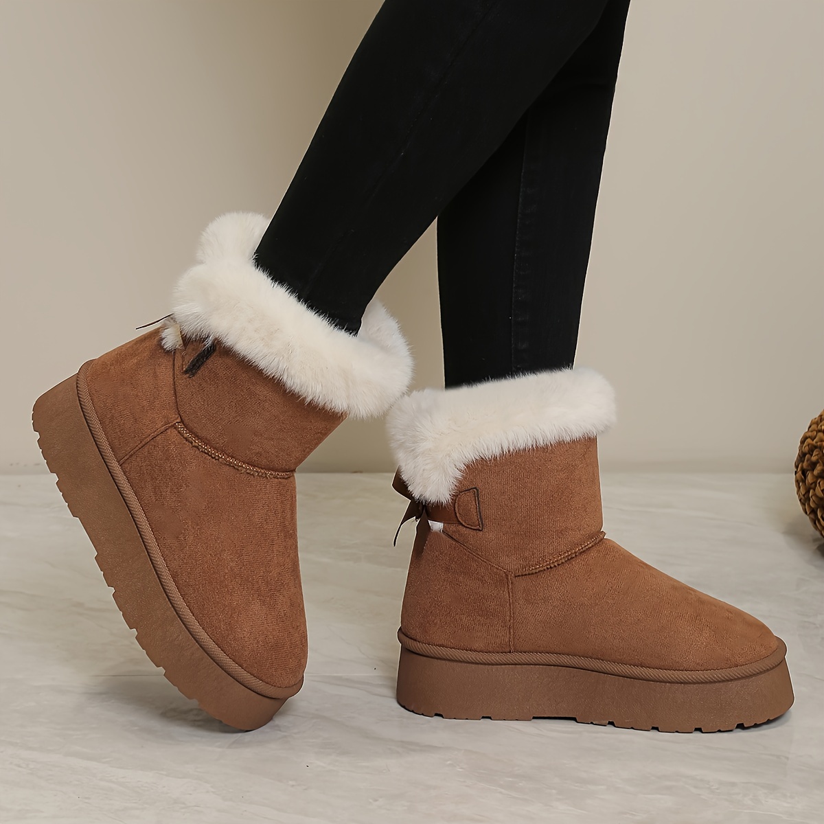 Comfortable Womens Solid Fluffy Bow Snow Boots - Slip-on soft thick sole design plush ing and non-slip traction to keep you warm stylish winter boot s