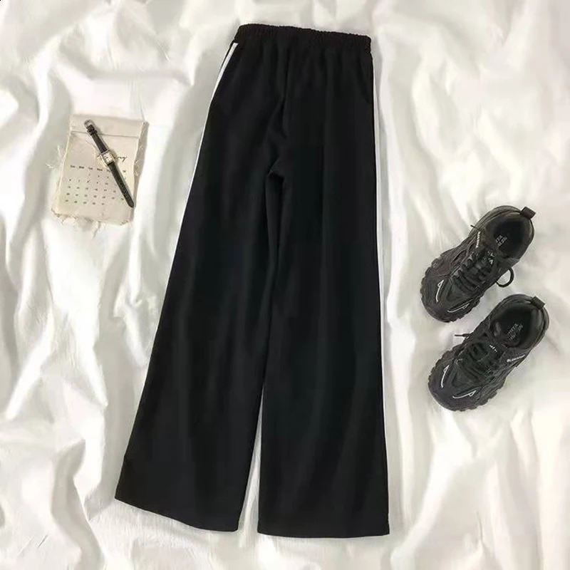 Korean oversized striped sports pants womens high waisted casual wide leg Harajuku Preppy Style loose pocket Trousers 240829