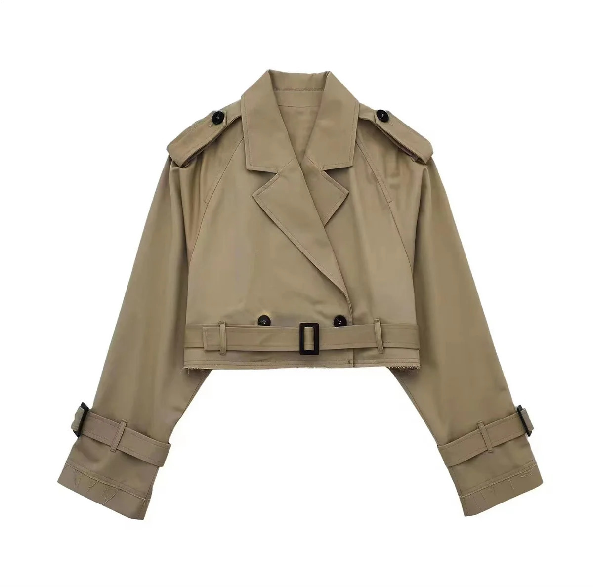 Women Fashion Belt Cropped Coat Long Sleeve Turn Down Collar Short Jacket Vintage Chic Double Breasted Trench Coats Lady Outfit y240903