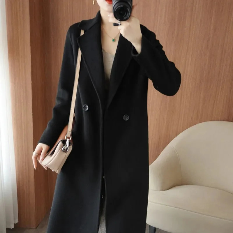 Long sleeved double-sided cashmere womens jacket spring and autumn wool blend womens jacket medium and long wool womens jacket 240828