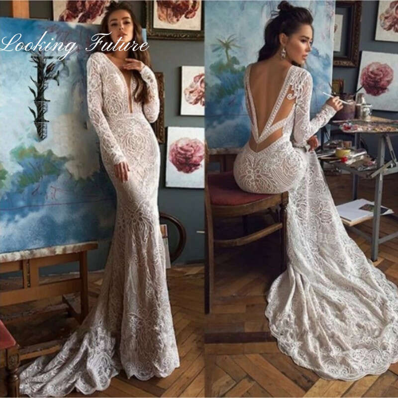 Lace Morden Embroidery Mermaid Wedding Dresses For Woman V Neck Long Sleeve Bride Gown Button Vintage Pleat Robe intage
