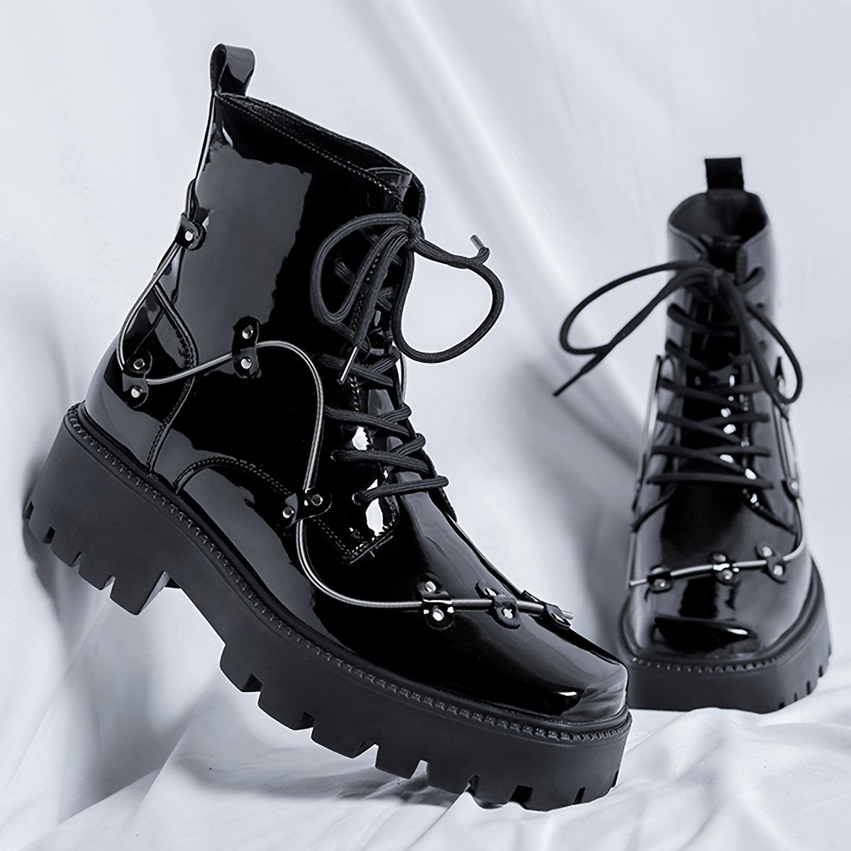 Fashion Shiny Square Toe Platform Boots Leather Boots Martin Boots - Lace Up Casual Walking Shoes - Super Comfortable and Easy to Clean