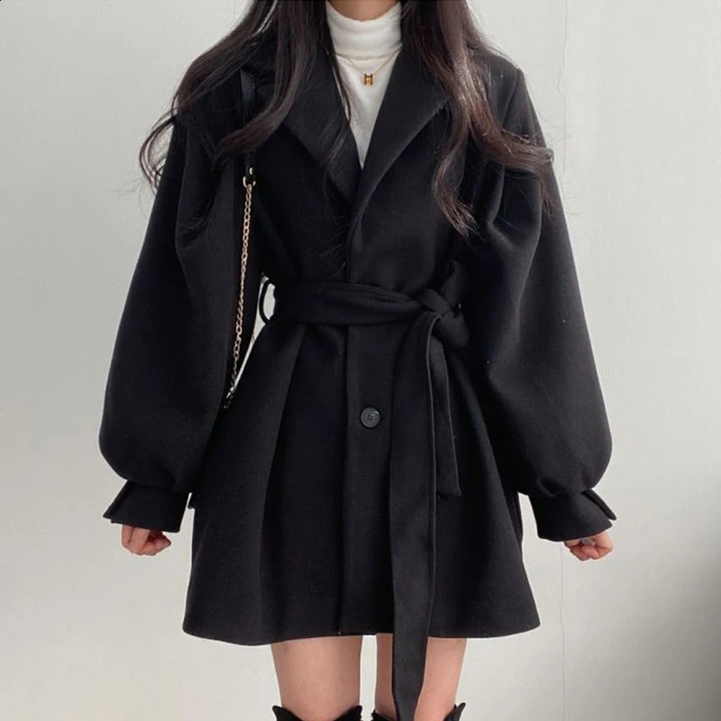 Korean autumn loose style coat womens wool suit mid neck long sleeved short sleeved wool coat womens 240828