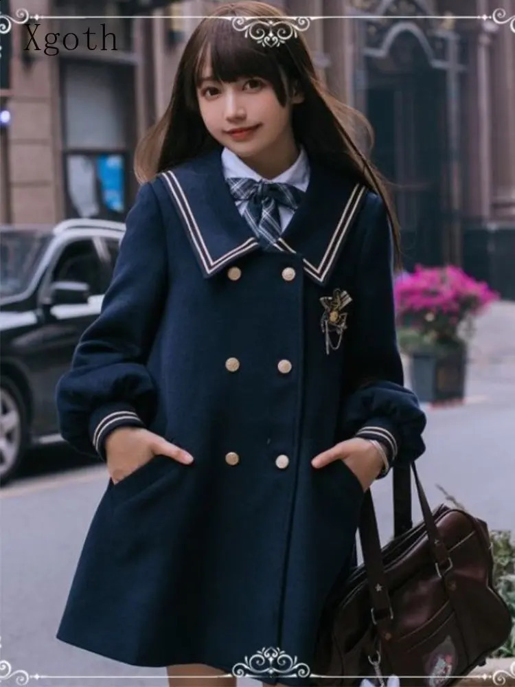 Xgoth double-layer navy blue coat Spring and Autumn womens Year coarse woolen coat Japanese preparatory Jk uniform original wool jacket 240828