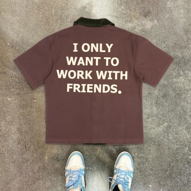 Simple letter printing splicing n polo neck oversized mens Tshirt Y2K summer clothing trend couple casual bag top 240828