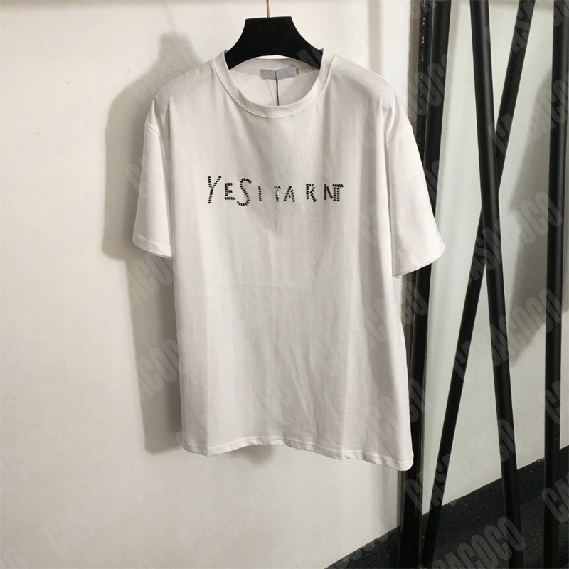 Designer Woman T-shirt Summer Short Sleeved Tee Shirt Hot Fix Rhinestone Letters Fashion Tshirts Pure Cotton Women Tops Teeshirts