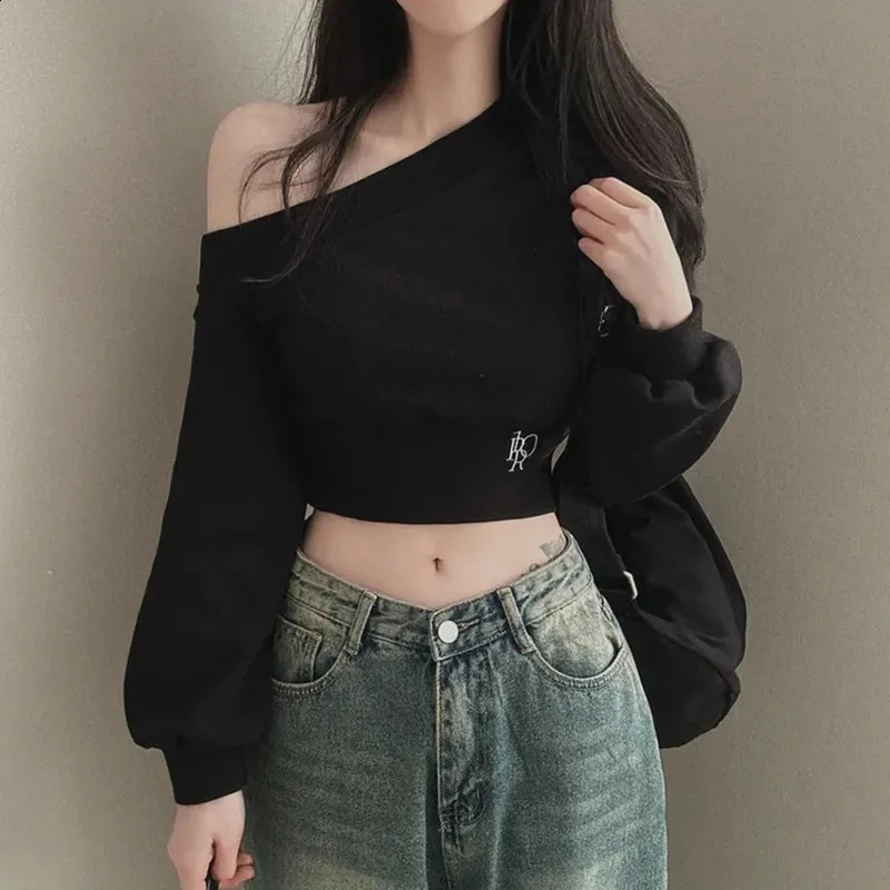 Autumn Irregular Skeleton Collar Hoodie Womens Sexy Fashion Sportswear Long Sleeve Puff Short Solid Ultra Thin Pullover Top 240827