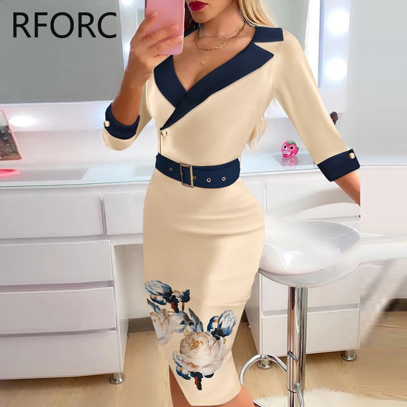 Womens floral print with a notch neckline semi long sleeves MIDI Bodycon formal party dress 240828