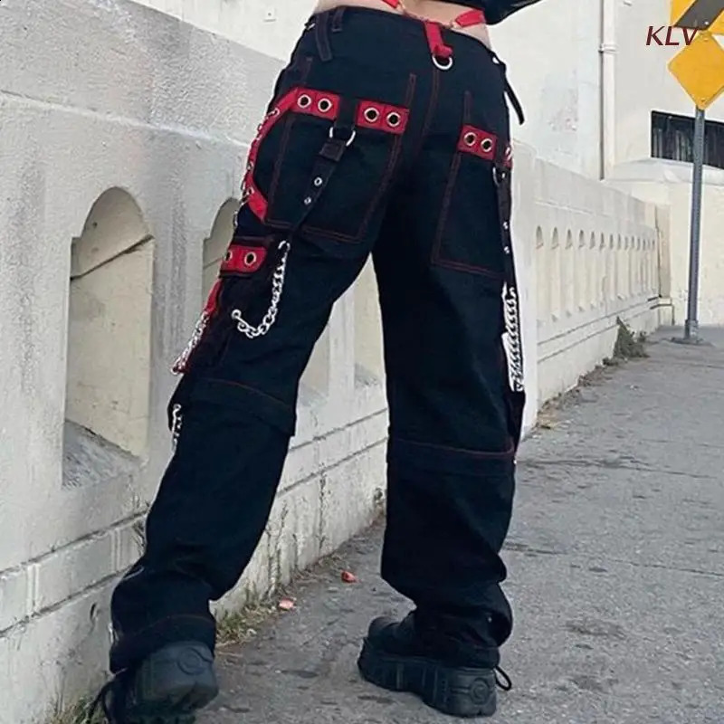 Womens Black Gothic Lage Cargo Pants Haruku Punk Colored Lock Eye Bandage Metal Chain Hip Hop Wide Leg Trouser XDA