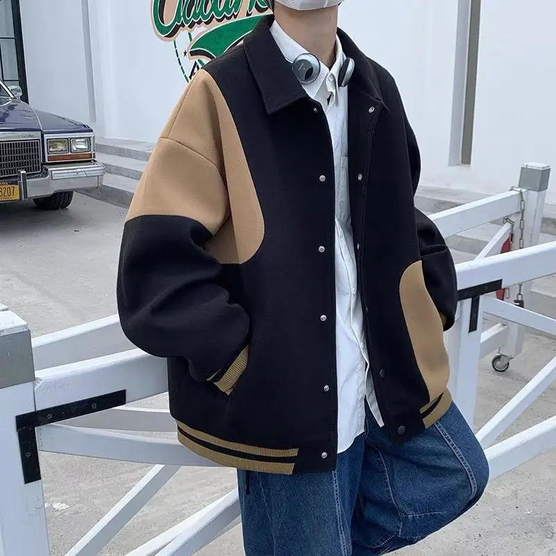 Winter contrasting color lapel jacket mens velvet thick versatile loose large-sized casual wool coat k clothing 240829