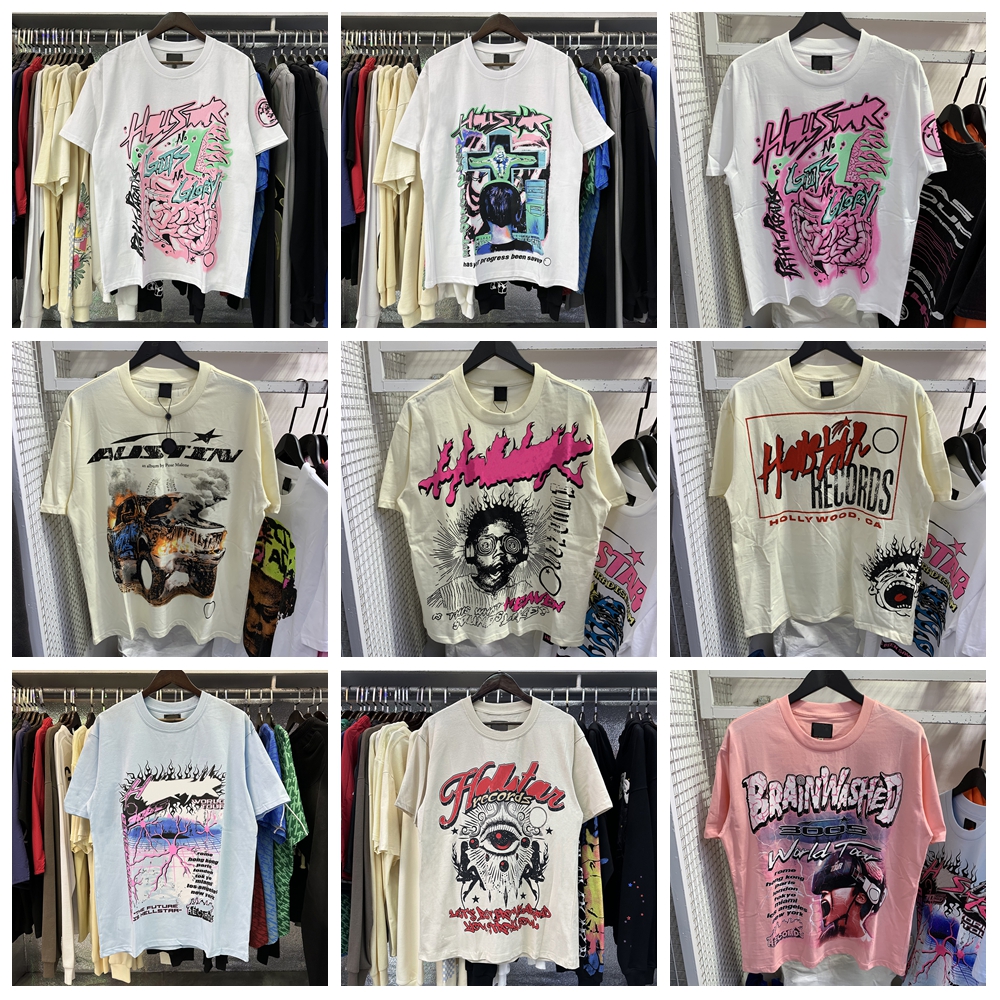 hellsstar 5A New American trendy brand Printed Mens tees High street fashion creative T-shirt fun gaze eyes printed double yarn pure cotton casual short slee