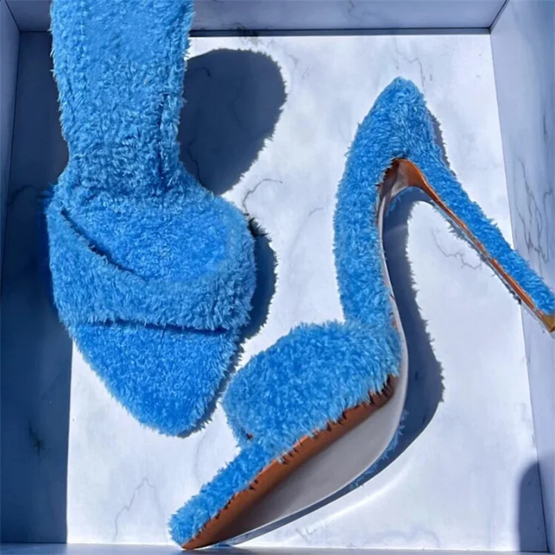Runway super high heel slider womens sliding back oversized shoes sexy leather toe fur dress sliding party womens sandals 240827