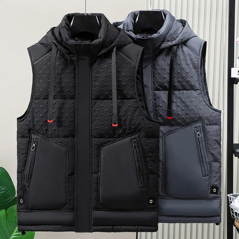 Wxw3636 black gray sleeveless jacket mens pocket thermal vest zipper thick Plus size 5XL 6XL hooded 240828