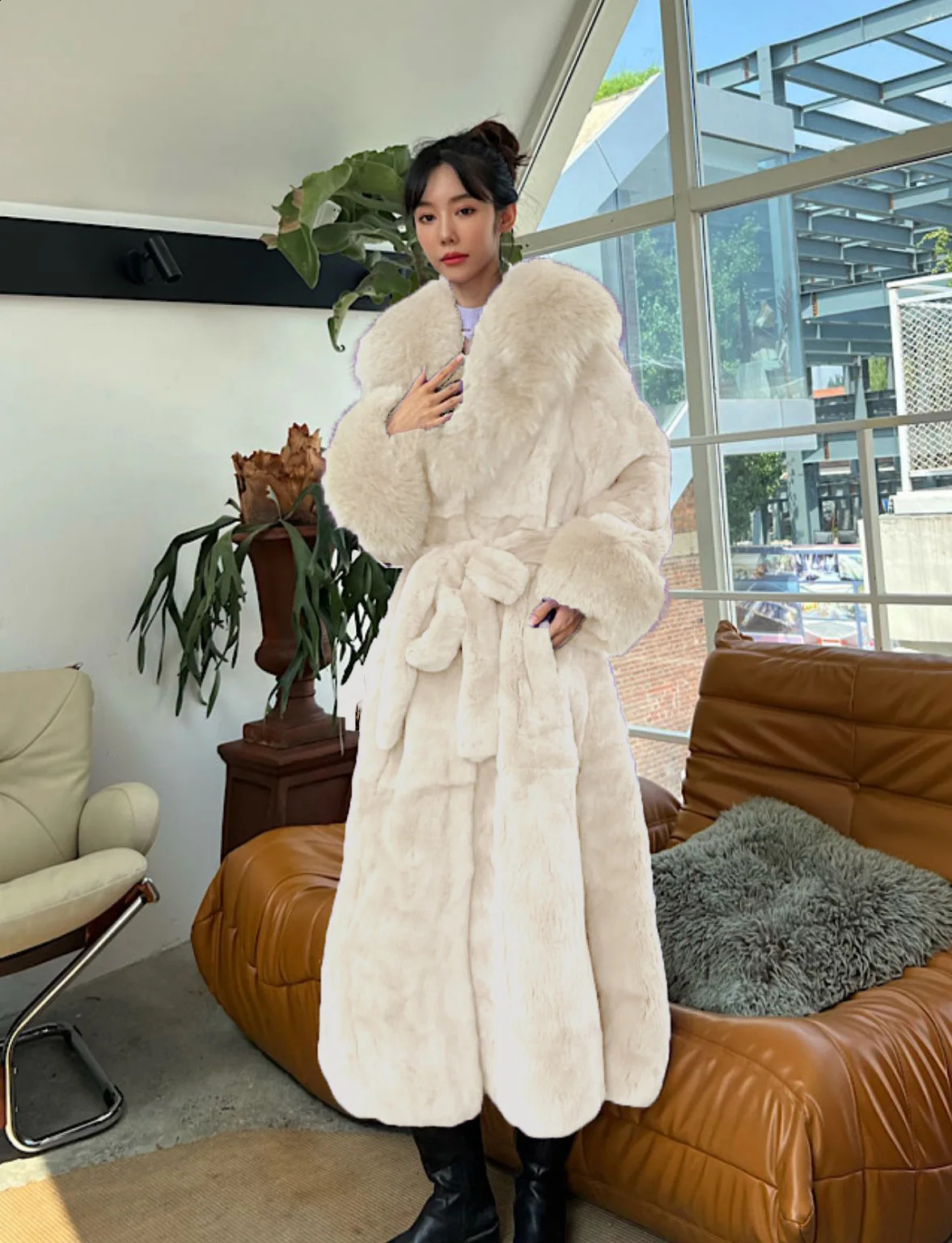 Elderly mink coat womens fur winter artificial jacket long sleeved casual oversized Parkas 240828