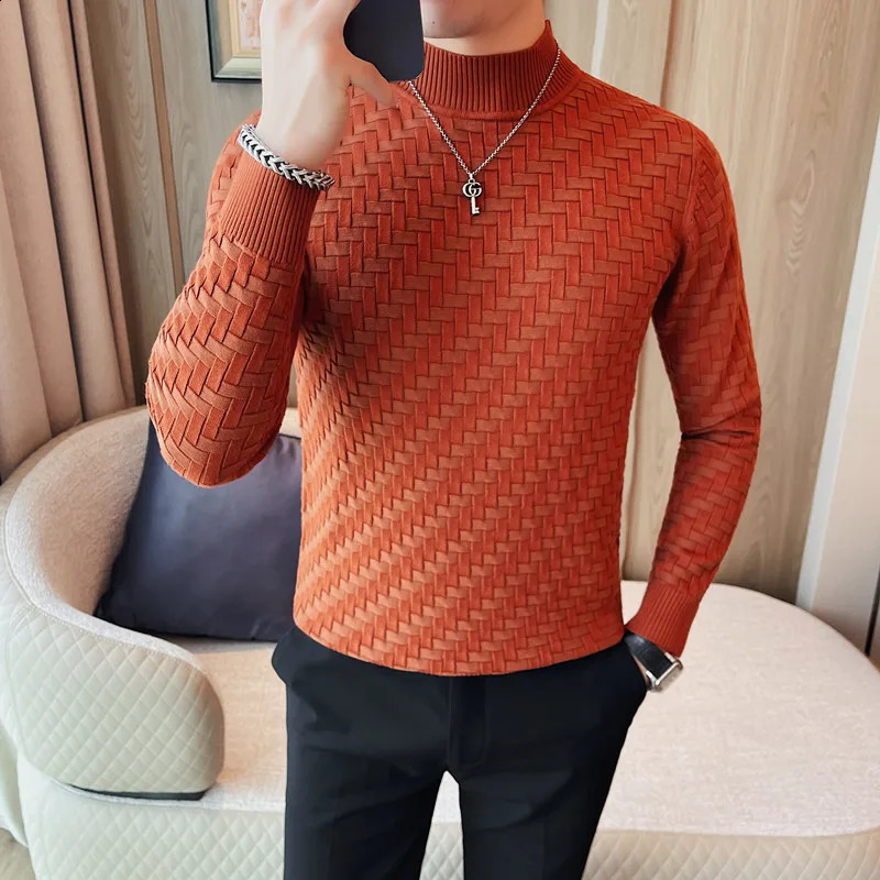 Mens Autumn Half High Collar Jacquard Knitted Sweater Long Sleeve Slim Knitted Sweater Puller 4XL-M Mens 240829