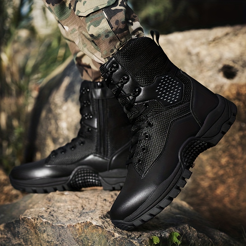 Men's solid color high top tactical work boots - waterproof, non-slip, comfortable, breathable, durable for outdoor hiking activities, rubber sol