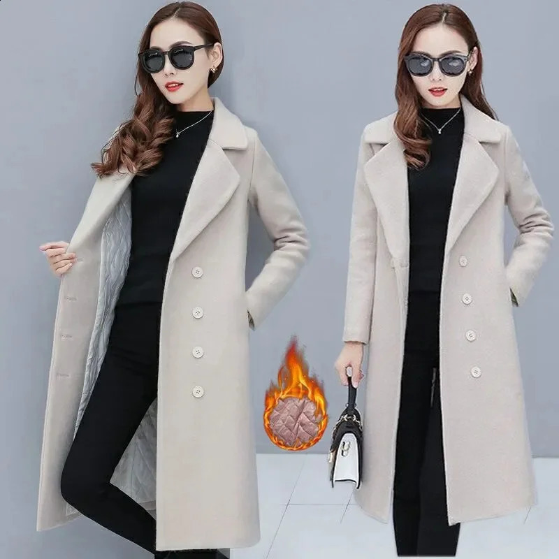 solid color autumn and winter loose warm collar wool coat womens long sleeved simple long sleeved womens wool coat 240828