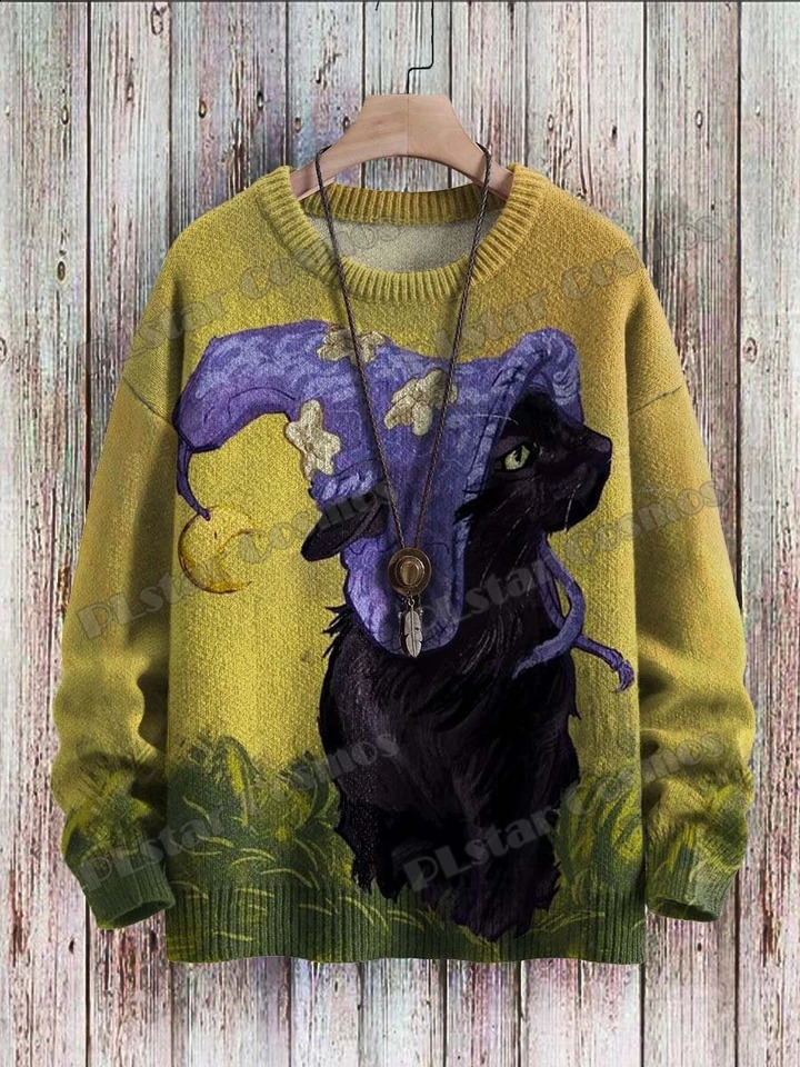 Halloween Rainbow Cat Retro Art Vibe 3D Printing Mens Knitted Pullover Winter Neutral Casual Knitted Pullover Sweater ZZM131 240829