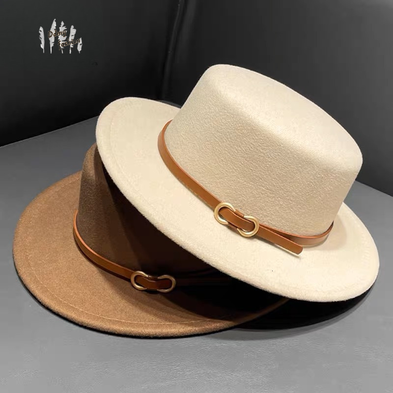 British Style Woolen Top Women Fashionable Versatile In Autumn And Winter Belt Buckle Flat Top Black Jazz Hat For Men F08.29-15 22b82