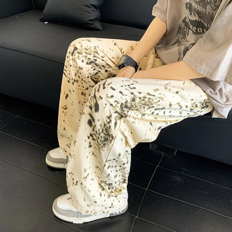 Mens leopard print jeans wide leg straight high street jeans mens handsome Trouser American street fashion 240829