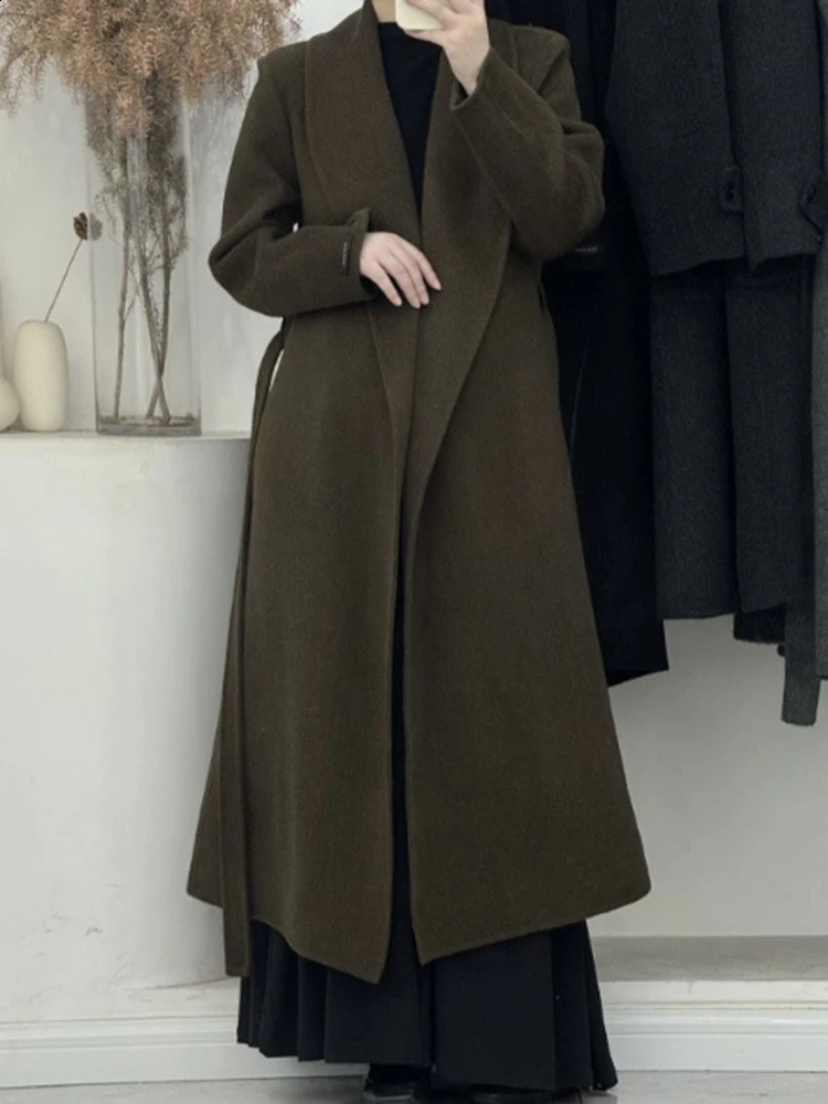GVUW Retro Long Wool Coat Womens Notched Full Sleeve Coat Solid Color Warm Minimalist Clothing 17G7996 240828