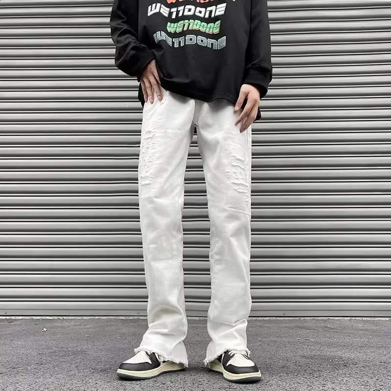 Y2K Streetwear Zipper Black Ripped Stacked Jeans Pants For Men Clothing Straight Hip Hop Goth Long Trousers Pantalon Homme 240828