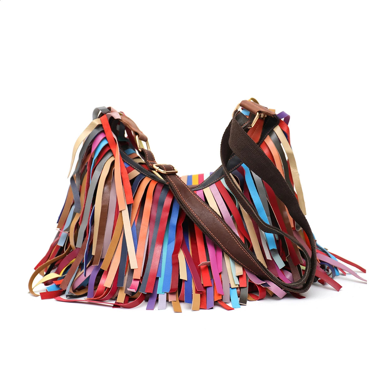 Colorful Real Sheepskin Shoulder Bags For Women Large Casual Slouchy Hobo Handbags Patchwork Leather Tassel Cross Body Purses 240829