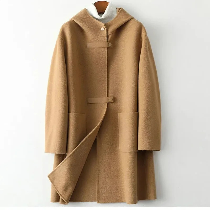Fashion Hooded Cashmere Womens Autumn And Winter Double-Sided Windproof Hine Temperature Ultra-Thin Wool Coat