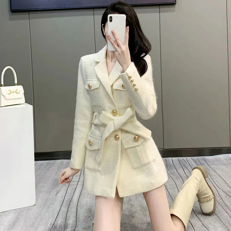 Wool Womens Jacket Autumn/Winter Korean Fashion Set Collar Ultra Thin Wool Womens Coat Medium length Warm Womens Coat Top 240828