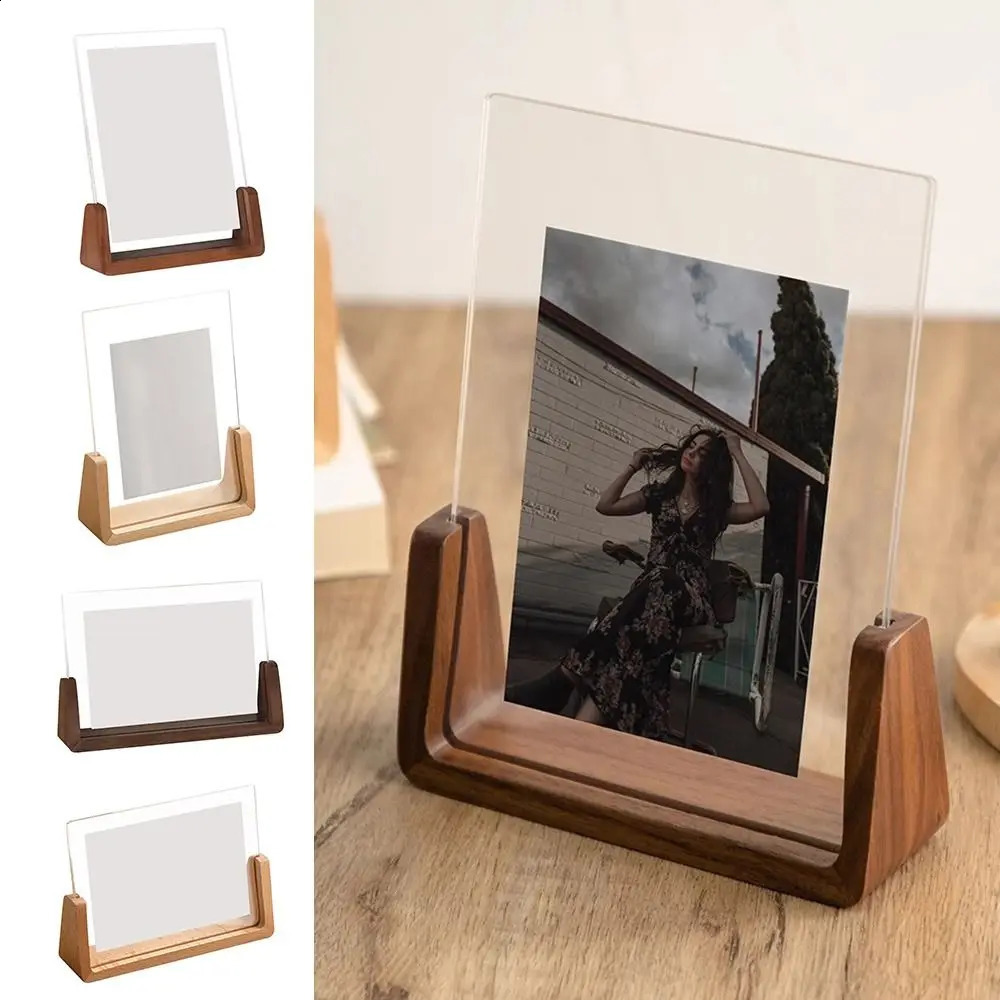 Walnut/Beech Creative Po Frame Acrylic U-shaped Transparent Po Frame Desktop Wooden Wedding Picture Frame Office Decoration 240829