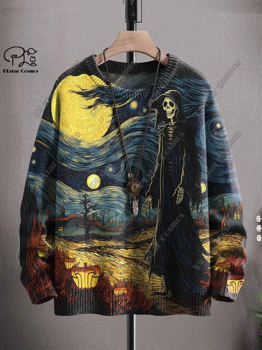 3D printing Halloween series horror ghost skeleton witch black cat pattern ugly sweater street casual winter sports shirt W-1 240829