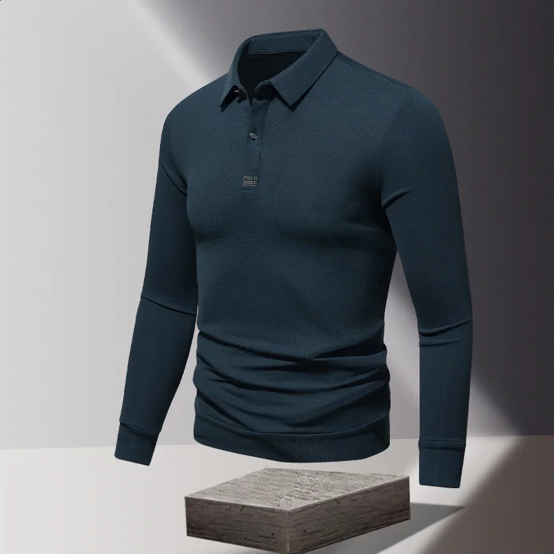Business solid color floral letter lapel long sleeved polo Tshirt mens casual formal spring and autumn top 240828