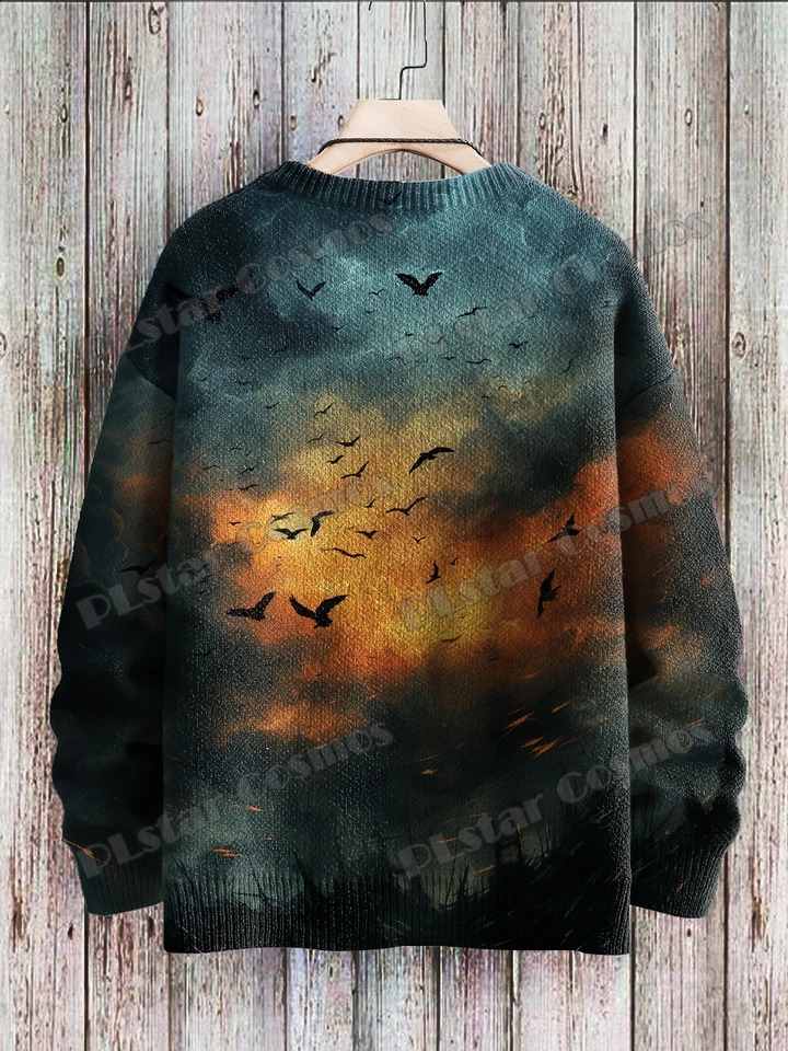 Halloween Ghost Black Cat Art Pattern 3D Printing Mens Knitted Lanhua Winter Neutral Casual Warm Knitted Lanhua Sweater ZZM65 240829