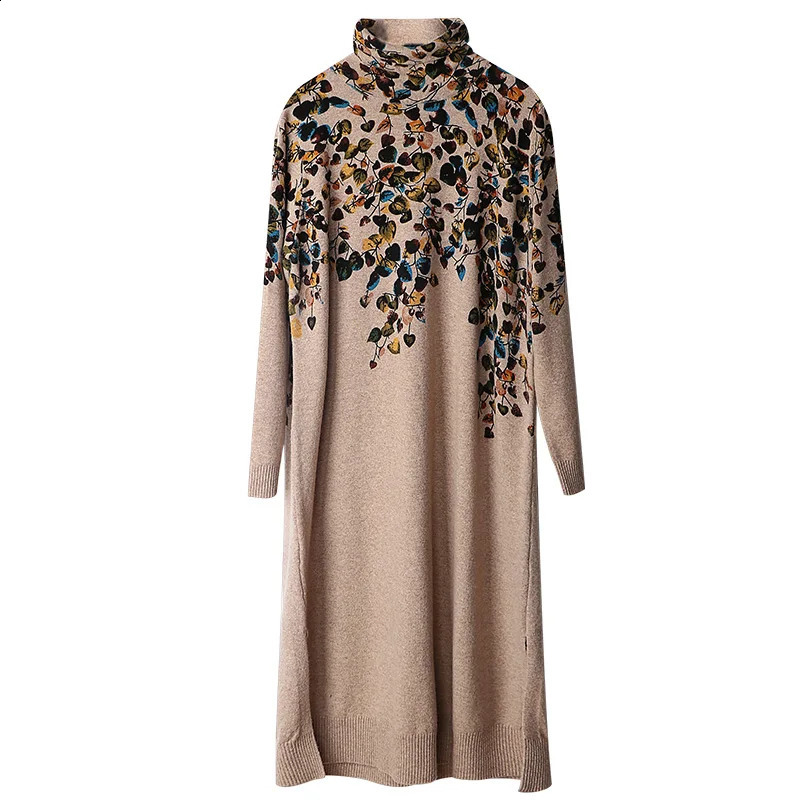 AIMEILI Autumn Retro Casual Printed Loose Dress Winter High Neck Long Sleeve Womens Elegant Tight Party Vestido 240828