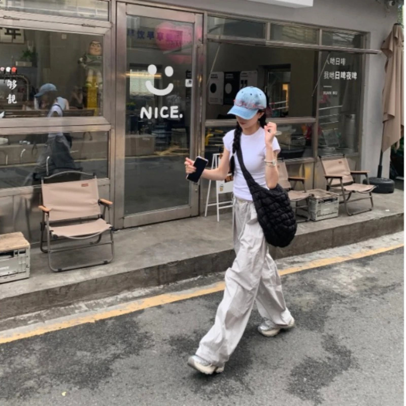 QWEEK Y2K Luggage Womens Grey Cargo Pants Casual American Style Retro Wide Leg Trousers Sweet Summer High Waist Pantalon 240827