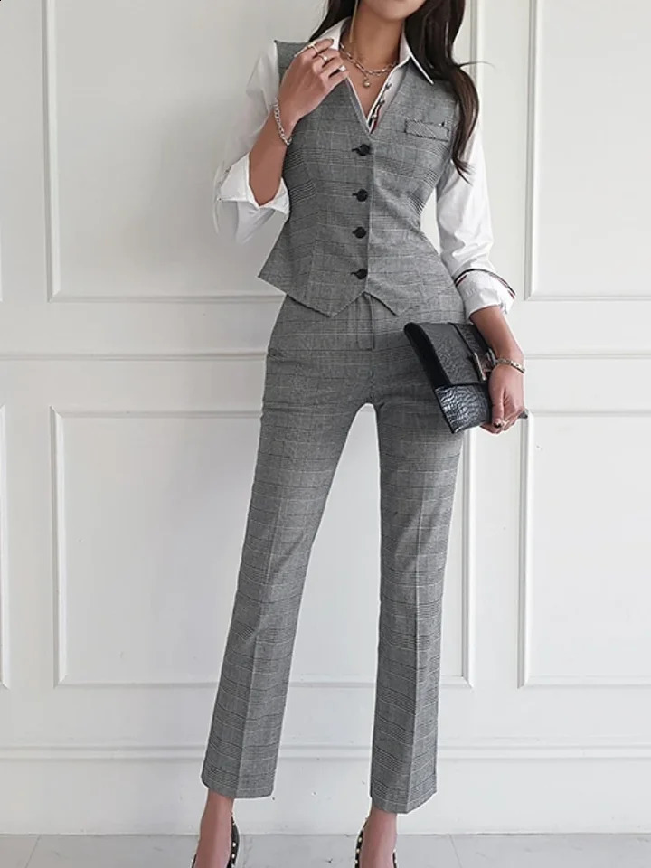 Women Elegant Formal Business Blazer 3 Pieces Suit Office Work Plaid Jacket Vest Pantsuit Korean Fashion Female Vintage Outfits 240828