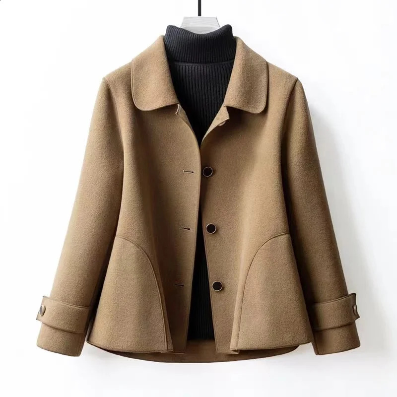 autumn and winter double-sided wool coat womens segmented doll collar short wool coat black open collar wool coat womens coat 240828