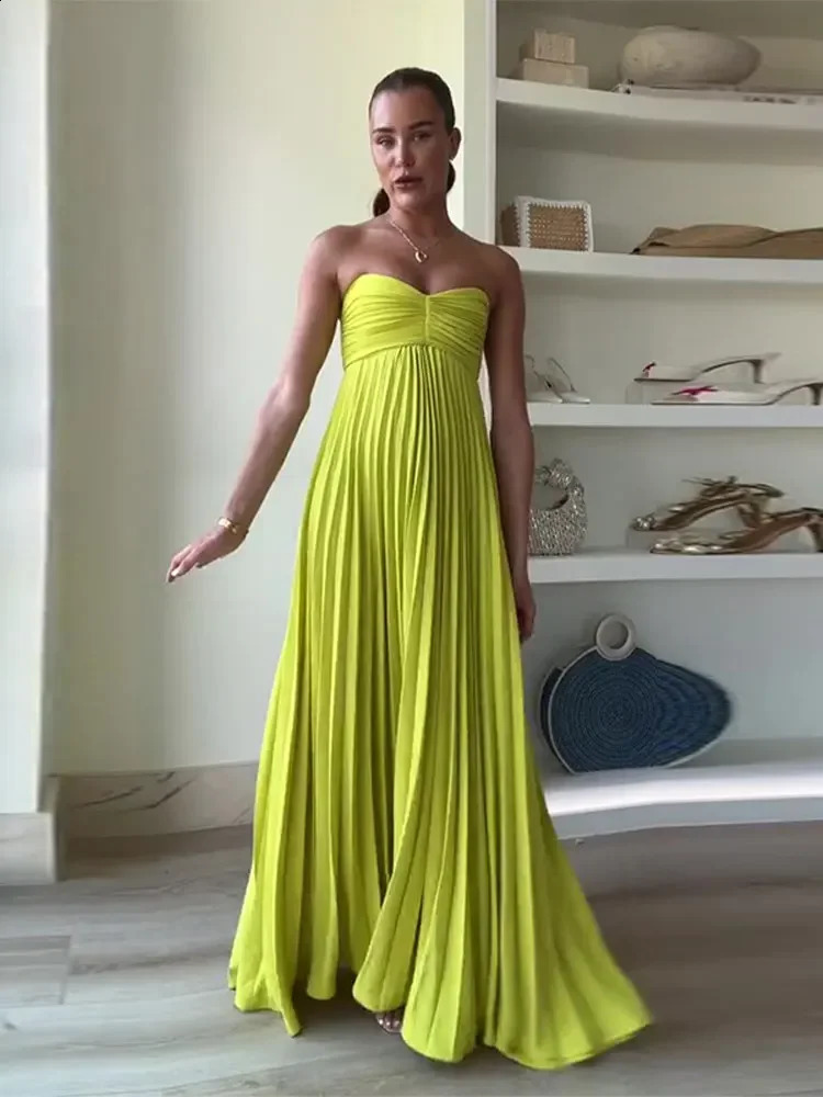 Sexy Strapless Women Solid Pleated Maxi Dress Fashion Backless Sleeveless High Waist Dresses Summer Lady Party Evening Robe