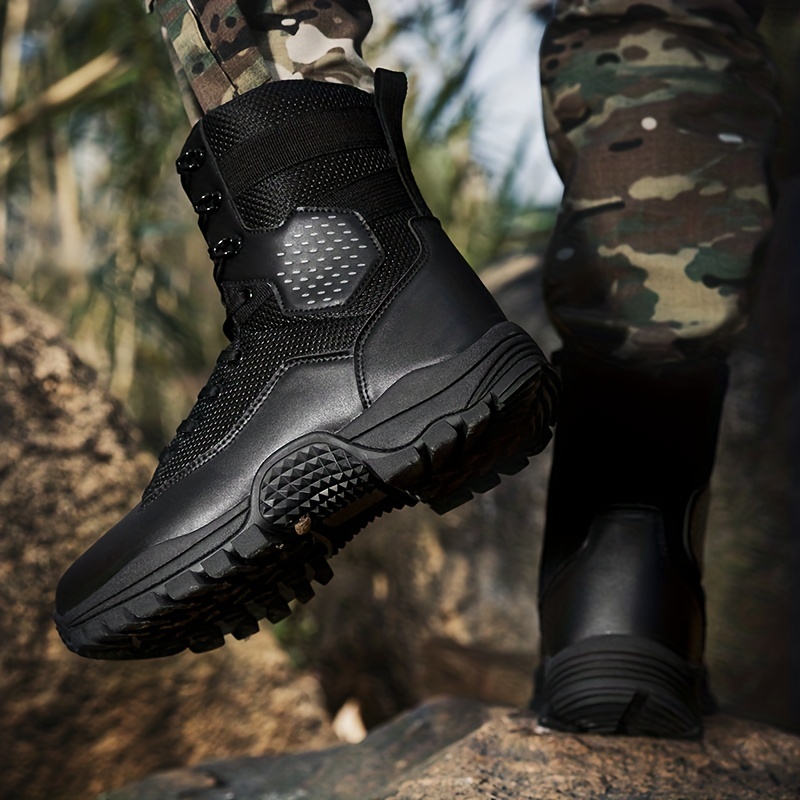Men's solid color high top tactical work boots - waterproof, non-slip, comfortable, breathable, durable for outdoor hiking activities, rubber sol