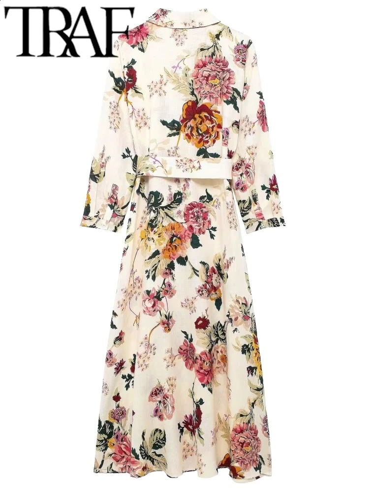 TRAF Womens Autumn High Quality Linen Printed Shirt Long Sleeve Loose Belt Midi Dress Y2K 240829
