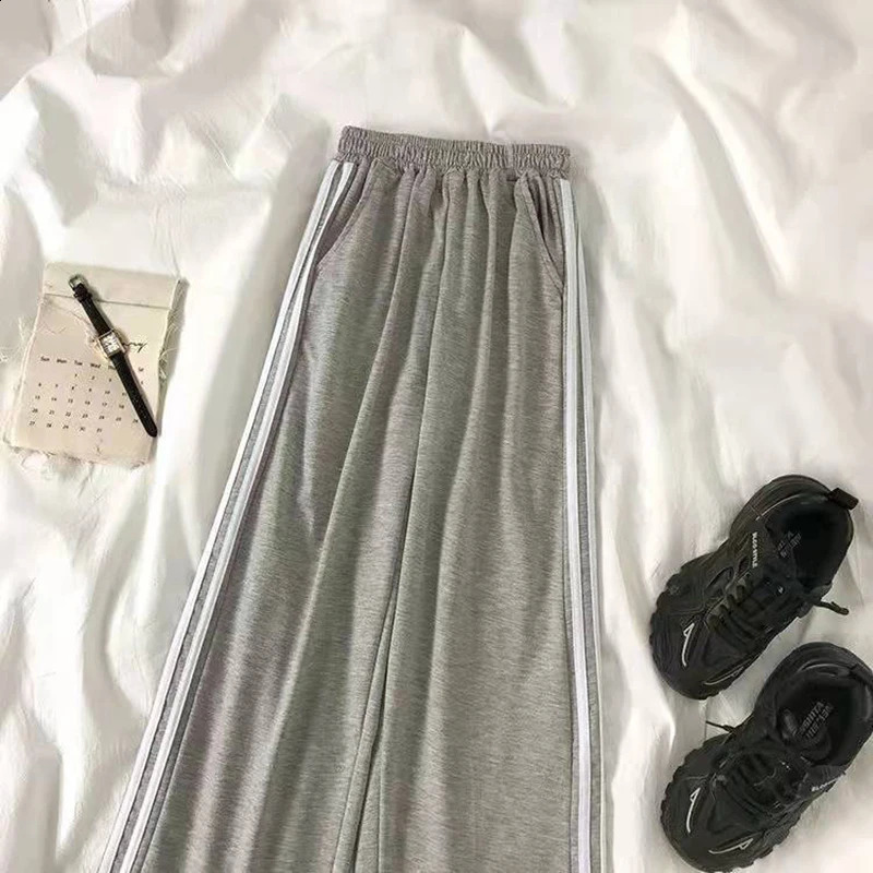 Korean oversized striped sports pants womens high waisted casual wide leg Harajuku Preppy Style loose pocket Trousers 240829