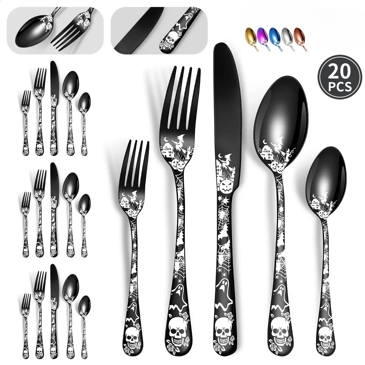 Halloween themed stainless steel tableware Western knife fork and spoon set skull patterned tableware set 240829