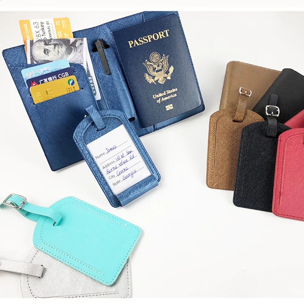 Free customized name passport cover luggage tag set fashionable Saffiano PU leather ticket holder personalized travel wallet 240829