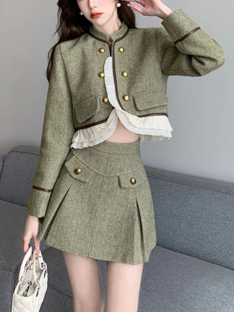 Vintage French tweed twopiece set womens stand up collar pleated short jacket jacketpleated skirt 2piece dress 240828